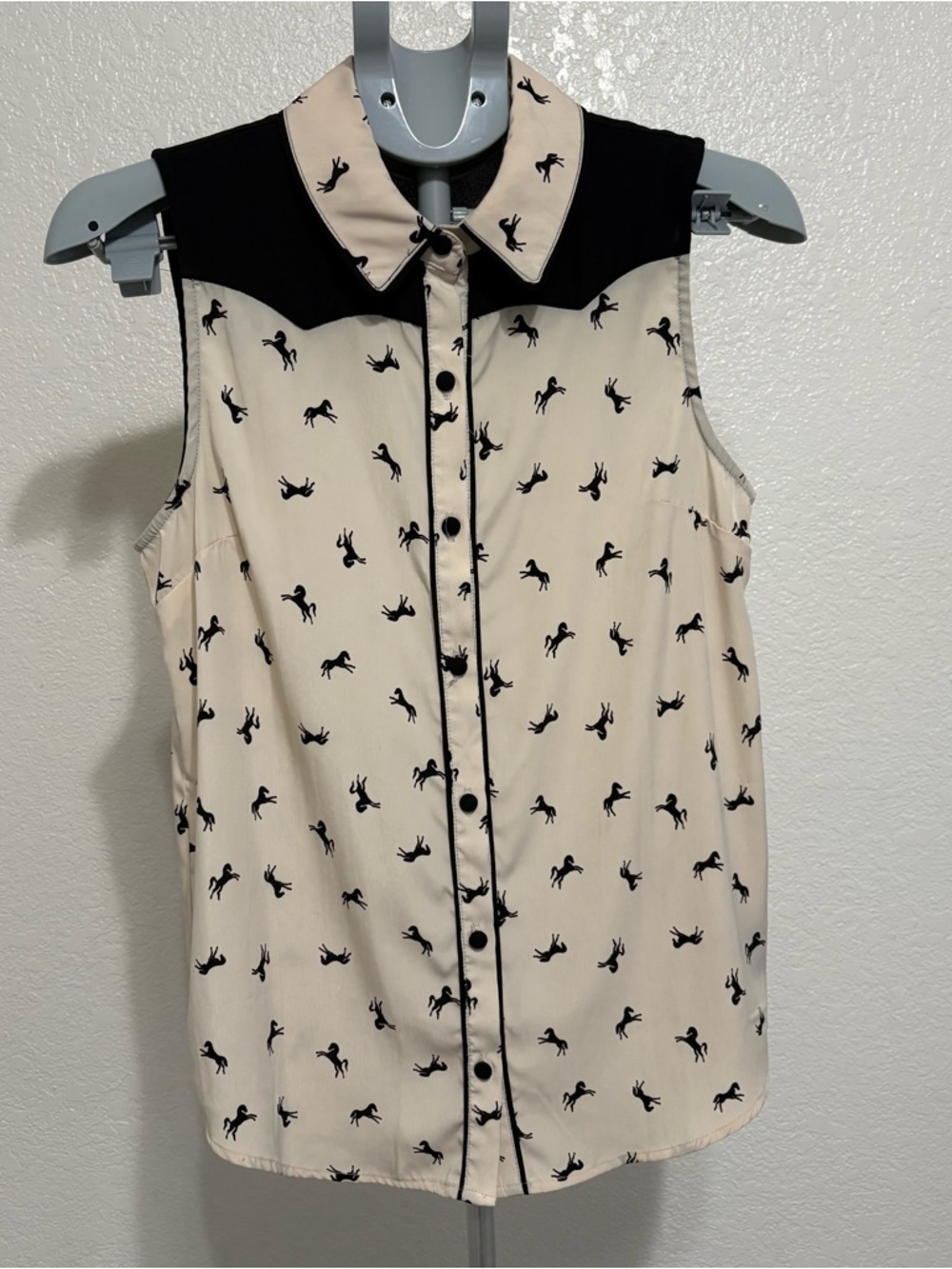 Forever 21 Cream Sleeveless Blouse with Black Horse Print and Contrast Yoke